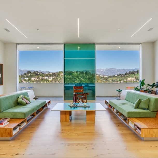 hillside living room rebuild with view